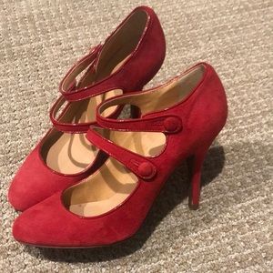 WOMENS JCREW ITALIAN MADE RED SUEDE HIGH HERL W/BUTTONS SIZE 7